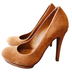 Tory Burch Brown Suede Leather High  Heels Platform Pumps Shoes Size 7.5